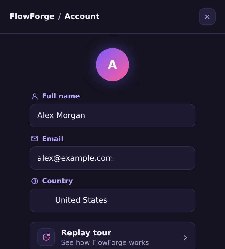 The FlowForge account page