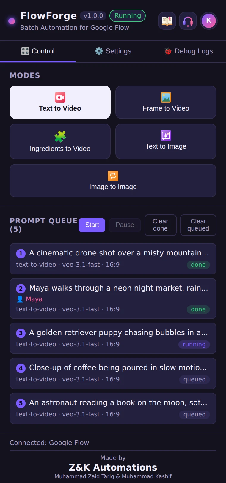 The FlowForge side panel: the five modes and a prompt queue running a batch