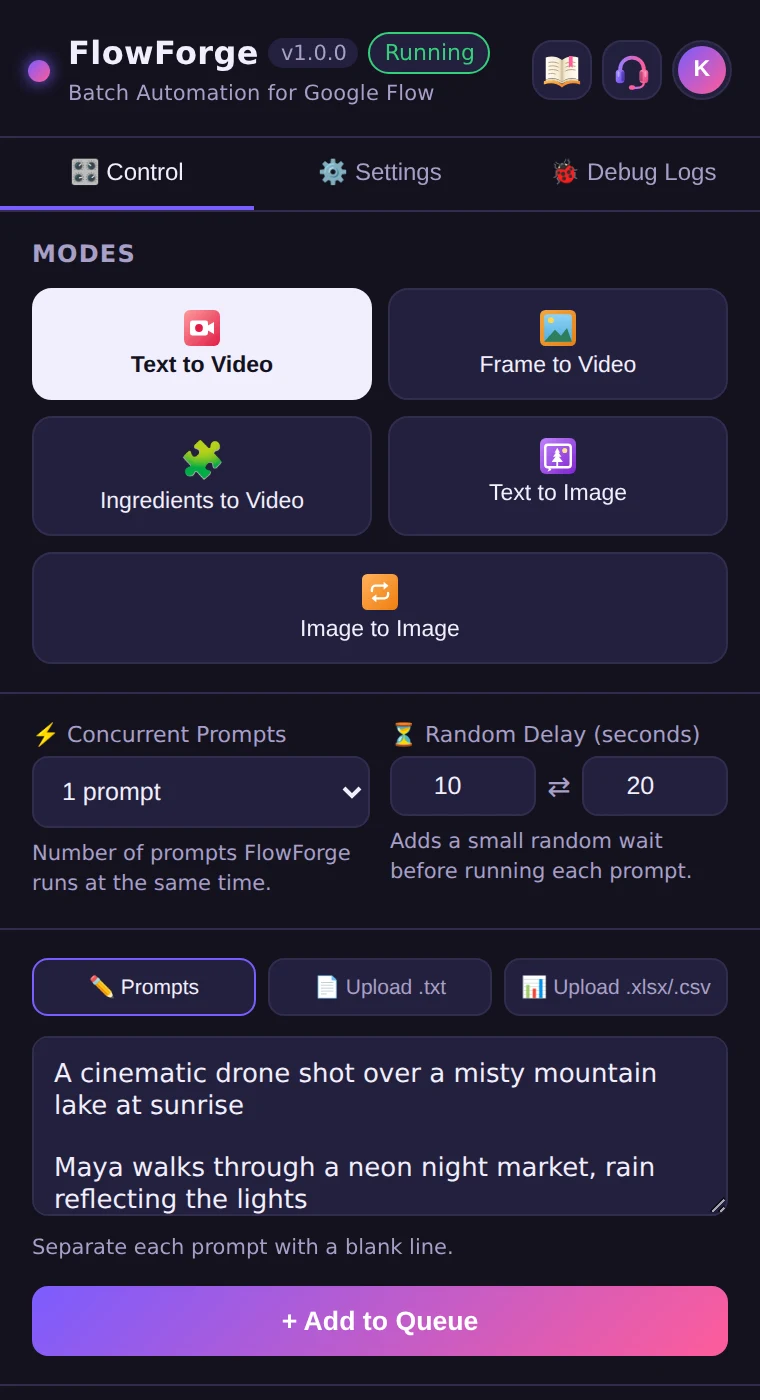 The FlowForge side panel with the Control tab open