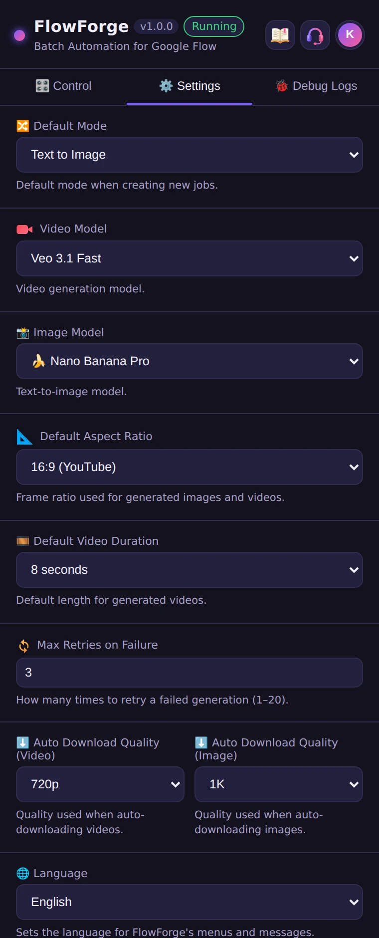 The FlowForge Settings tab