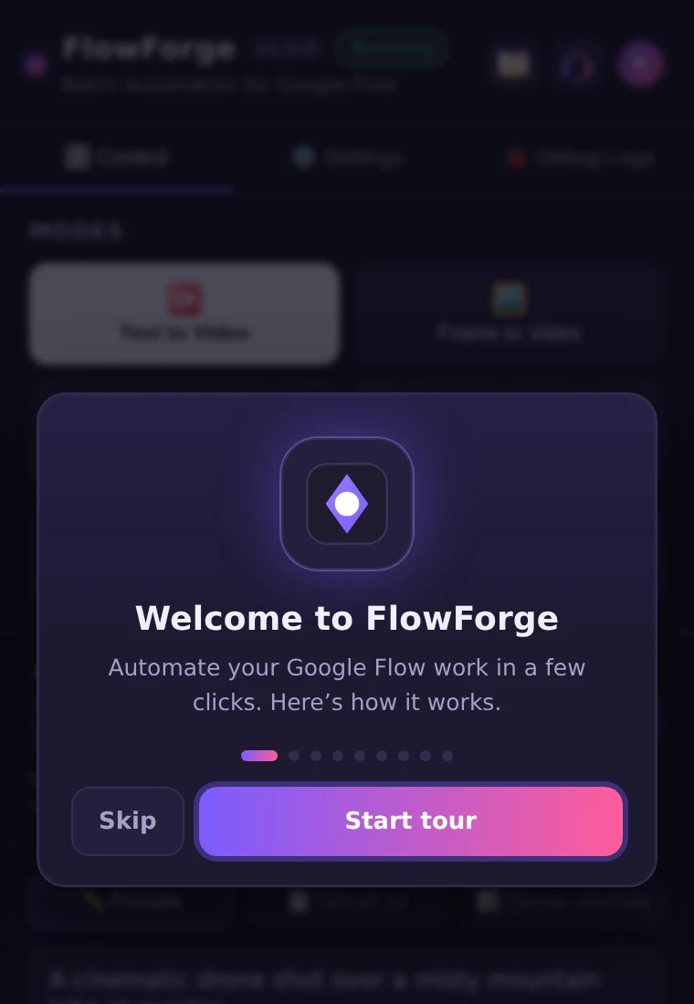 The first card of the FlowForge welcome tour